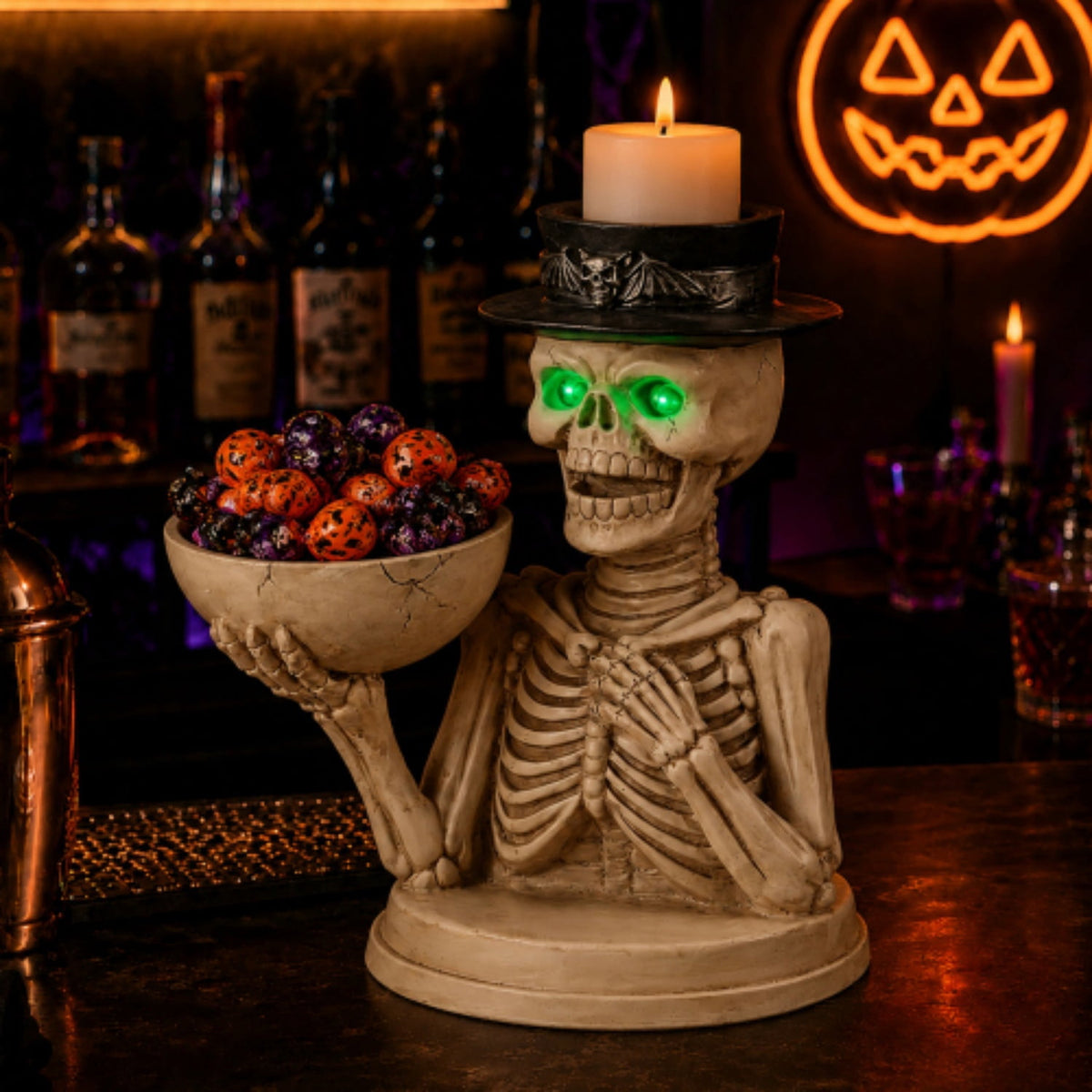 SpookHaven Halloween Jack‑O‑Lantern Pumpkin Mist Sprayer Figurine, LED Light‑Up Fogger with Witch Hat & Skull Decoration, Spooky Ornament for Tabletop Entryway Halloween Party Home Decor