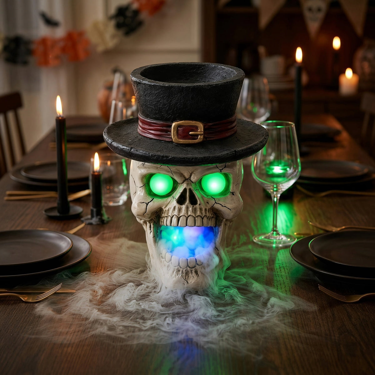 SpookHaven Halloween Jack‑O‑Lantern Pumpkin Mist Sprayer Figurine, LED Light‑Up Fogger with Witch Hat & Skull Decoration, Spooky Ornament for Tabletop Entryway Halloween Party Home Decor