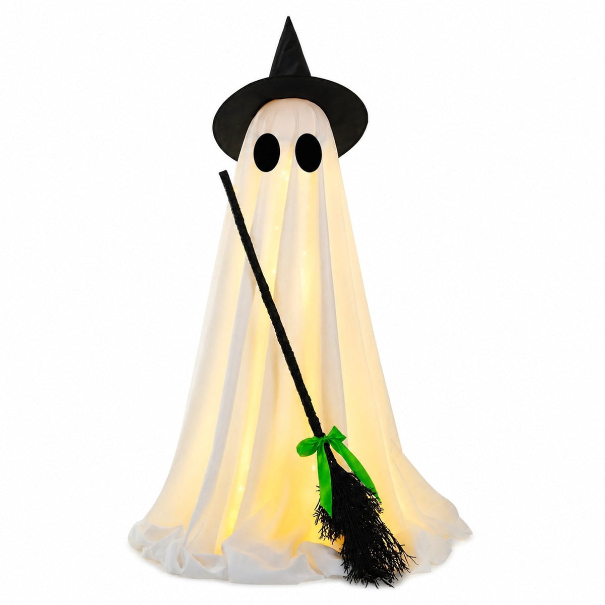 Standing Light Up Ghost with Witch Broom 40 In White 1 Pack