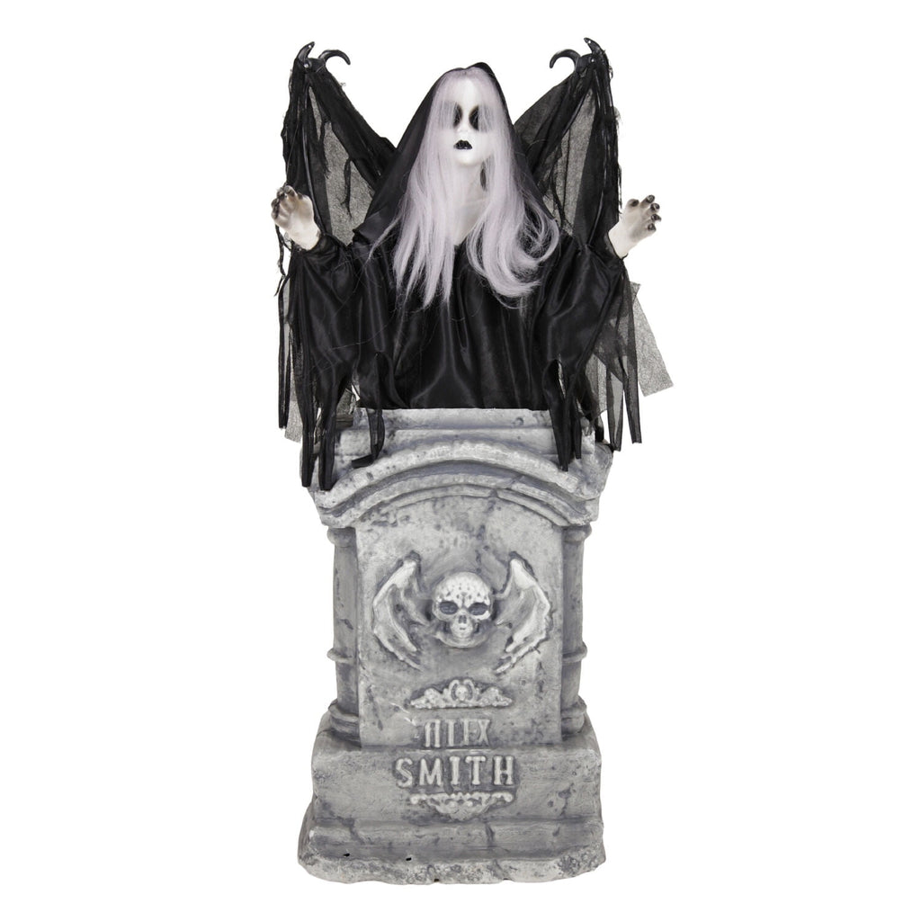 Haunted Hill Farm Red LED Battery Creepy Girl Tombstone with Wings Halloween Animatronic 3.1-Ft.