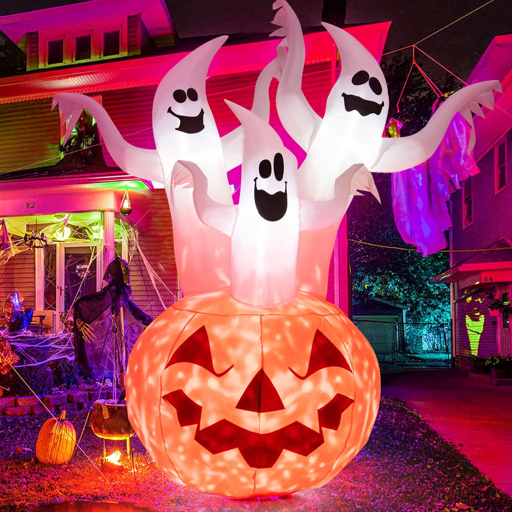 Patiojoy 6FT Halloween Inflatable Decorations 3 White Puppets on Pumpkin Halloween Pumpkin Dolls Decor w/ Build-in LED Lights