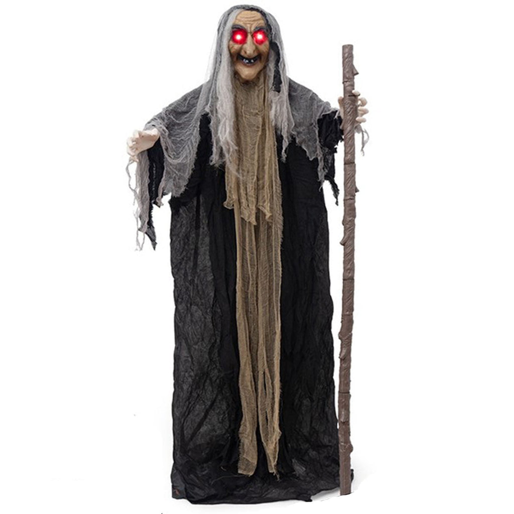 Voglyf Life-Size Scary Poseable Talking Witch 5.6FT, Red LED Glowing Eyes Scary Hag Prop with Wooden Staff, Tattered Gray Cloth Robe Witch for Front Yard Porch Haunted Spooky Party Decor