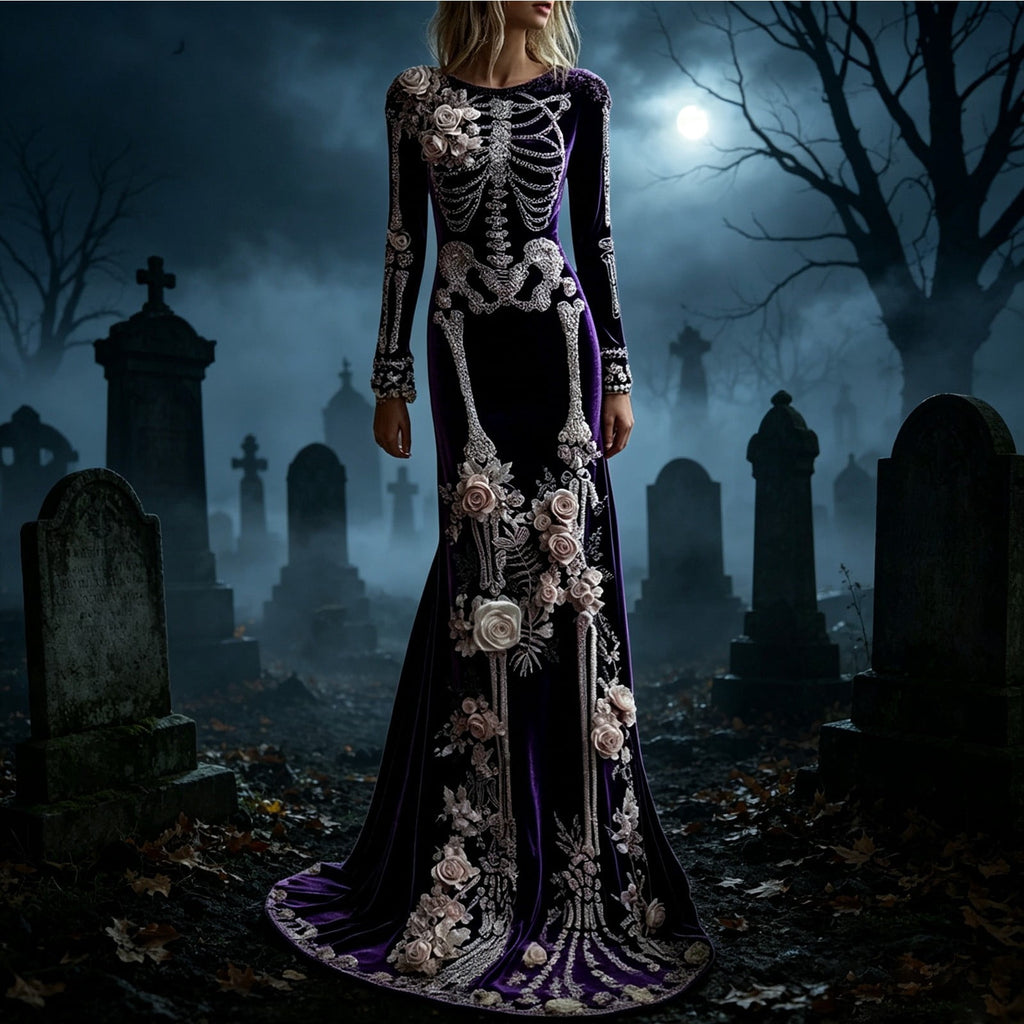 Women Halloween Skeleton Mermaid Dress, Velvet Long Sleeve Bodycon Gown with 3D Floral Appliques, Floor‑Trailing Gothic Costume for Party Cosplay L