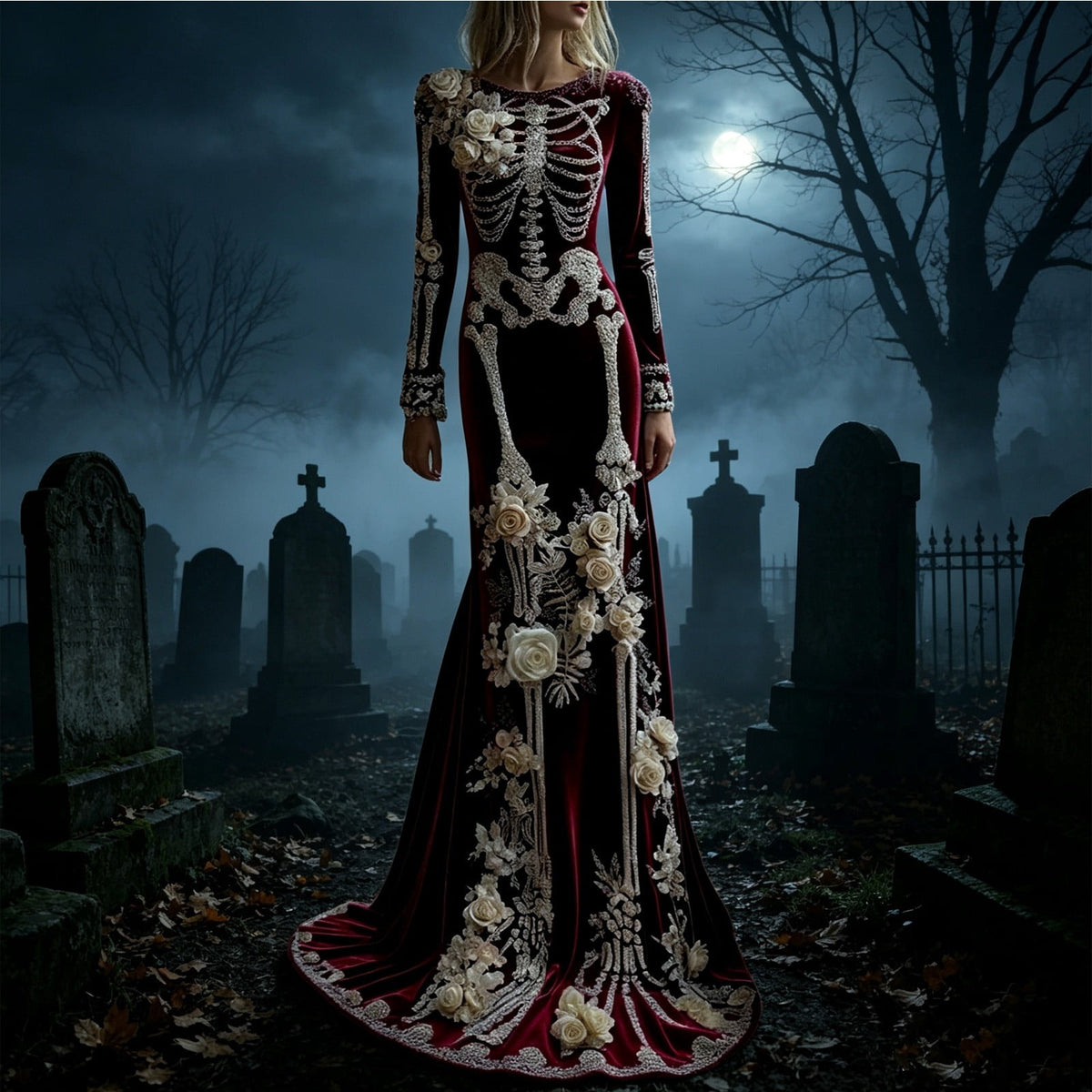 Women Halloween Skeleton Mermaid Dress, Velvet Long Sleeve Bodycon Gown with 3D Floral Appliques, Floor‑Trailing Gothic Costume for Party Cosplay L