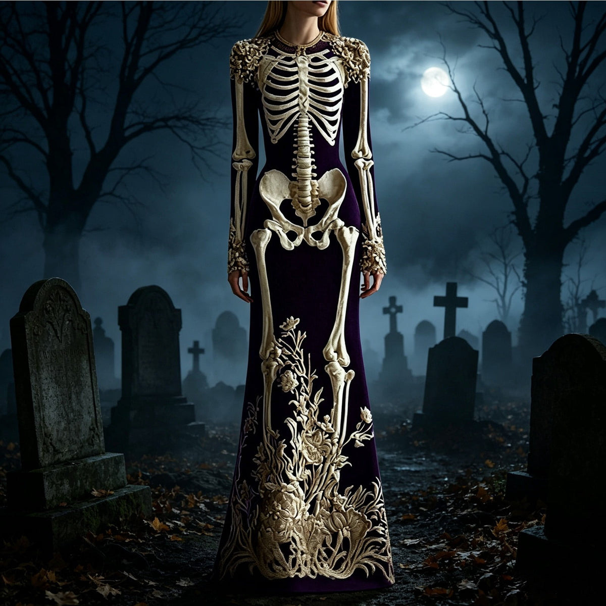 Women Halloween Skeleton Mermaid Dress, Velvet Long Sleeve Bodycon Gown with 3D Floral Appliques, Floor‑Trailing Gothic Costume for Party Cosplay L