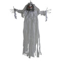 XHKUYI Halloween Hanging Skull Ghost Decoration 59 inches, Sound Activated Hanging Skeleton Ghost with Red Glowing Eyes, Tattered White Gauze Ghost for Yard Tree, Haunted House, Bar & Party Decor