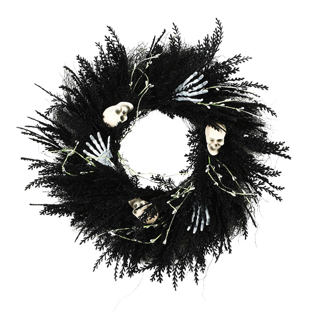 XHKUYI Halloween Skeleton Wreath 19.7 Inch, Black Skull Hand Halloween Wreath with Bone Details and Spooky Round Door Accent, for Front Door, Porch Wall, Haunted House Party, Indoor Entry Decor