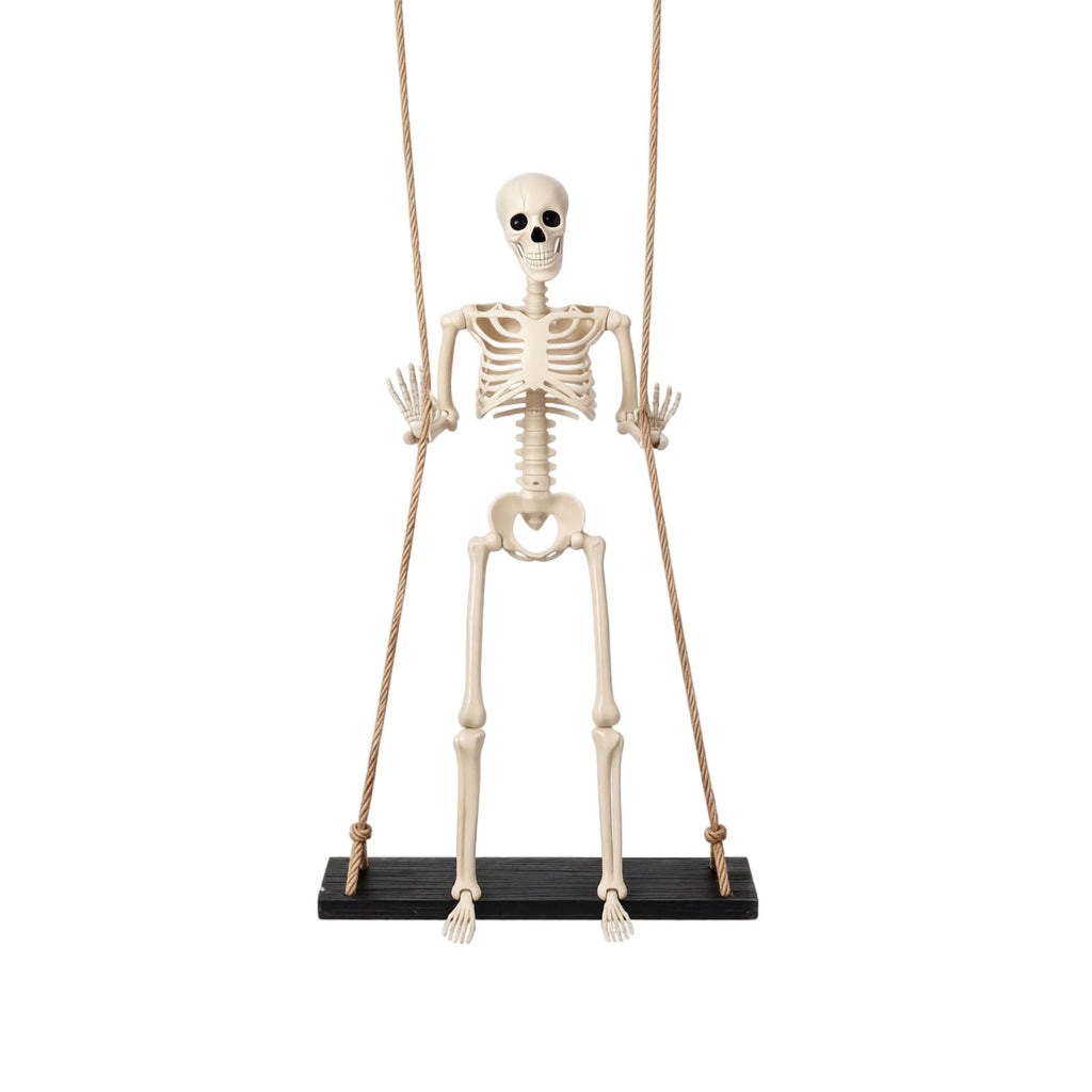 XHKUYI Halloween Swinging Skeleton Decoration 35.4 inch, Hanging Skeleton with Black Wood Base, Spooky Halloween Skeleton Decorations for Yard, Porch, Tree, Party