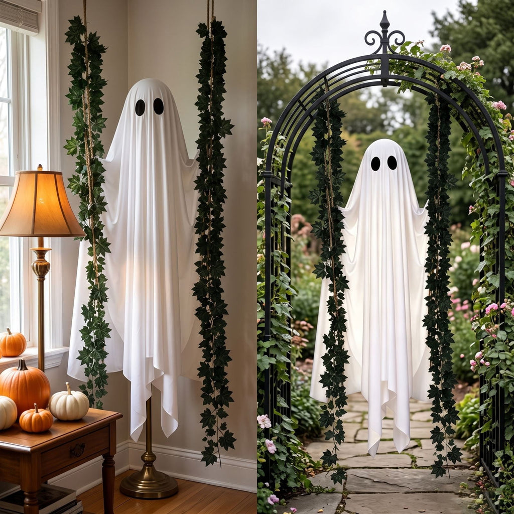 Outdoor Halloween Decorations Gaslight Ghoul, 79" Tall Hanging Skeleton Holding Street Light with Creepy Blue Eyes, Tattered Robe Ghost Decor for Yard Patio Walkway, Front Porch, Road