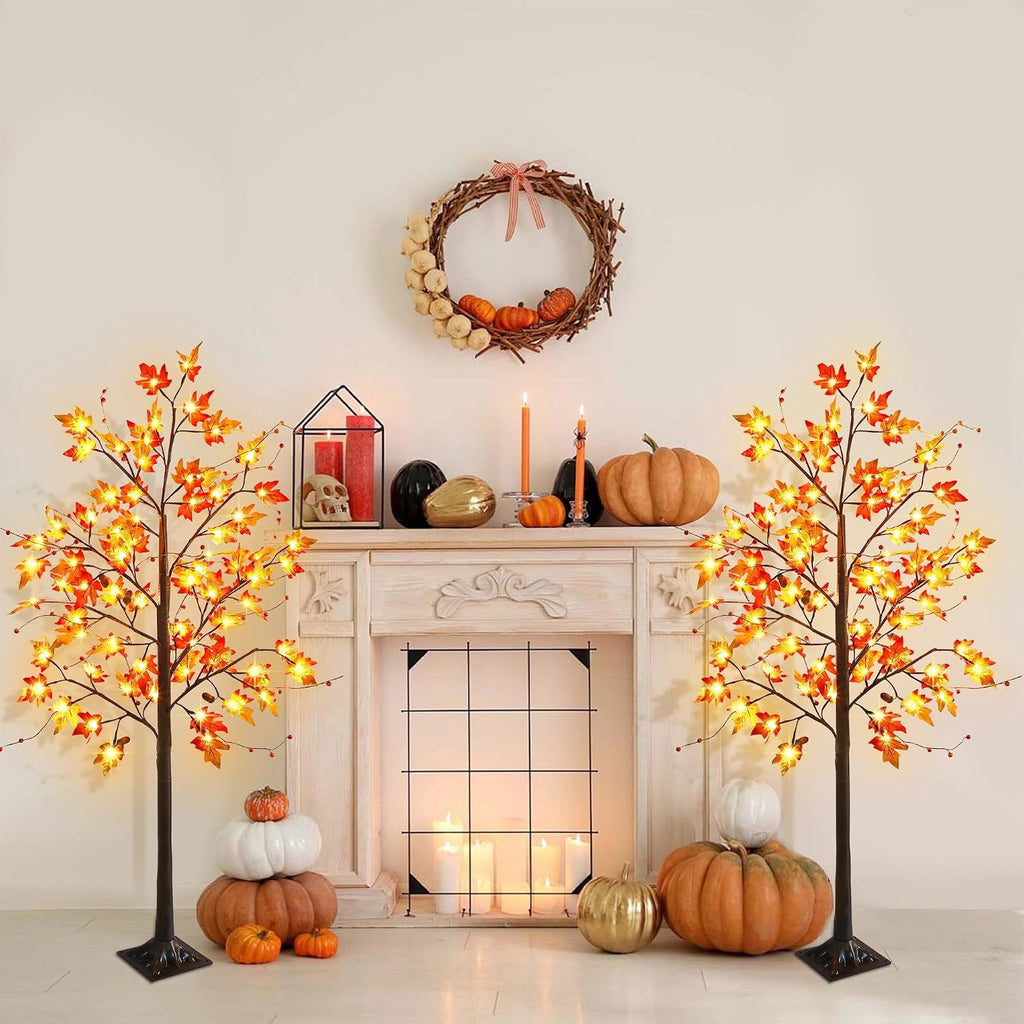2 Pack LED Lighted Maple Tree, 5 FT Lighted Artificial Tree for Thanksgiving Harvest Fall Festival Halloween Home Party Decoration