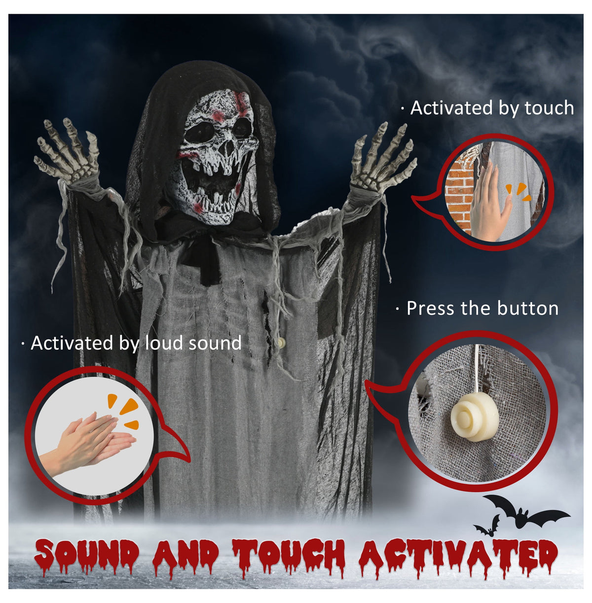 74" Halloween Skeleton Witch Prop, Animated Outdoor Decor with Sound & Motion Activation, Light Up Eyes & Chest, Howling/Chain Sounds, Life Size Animatronic Halloween Decoration