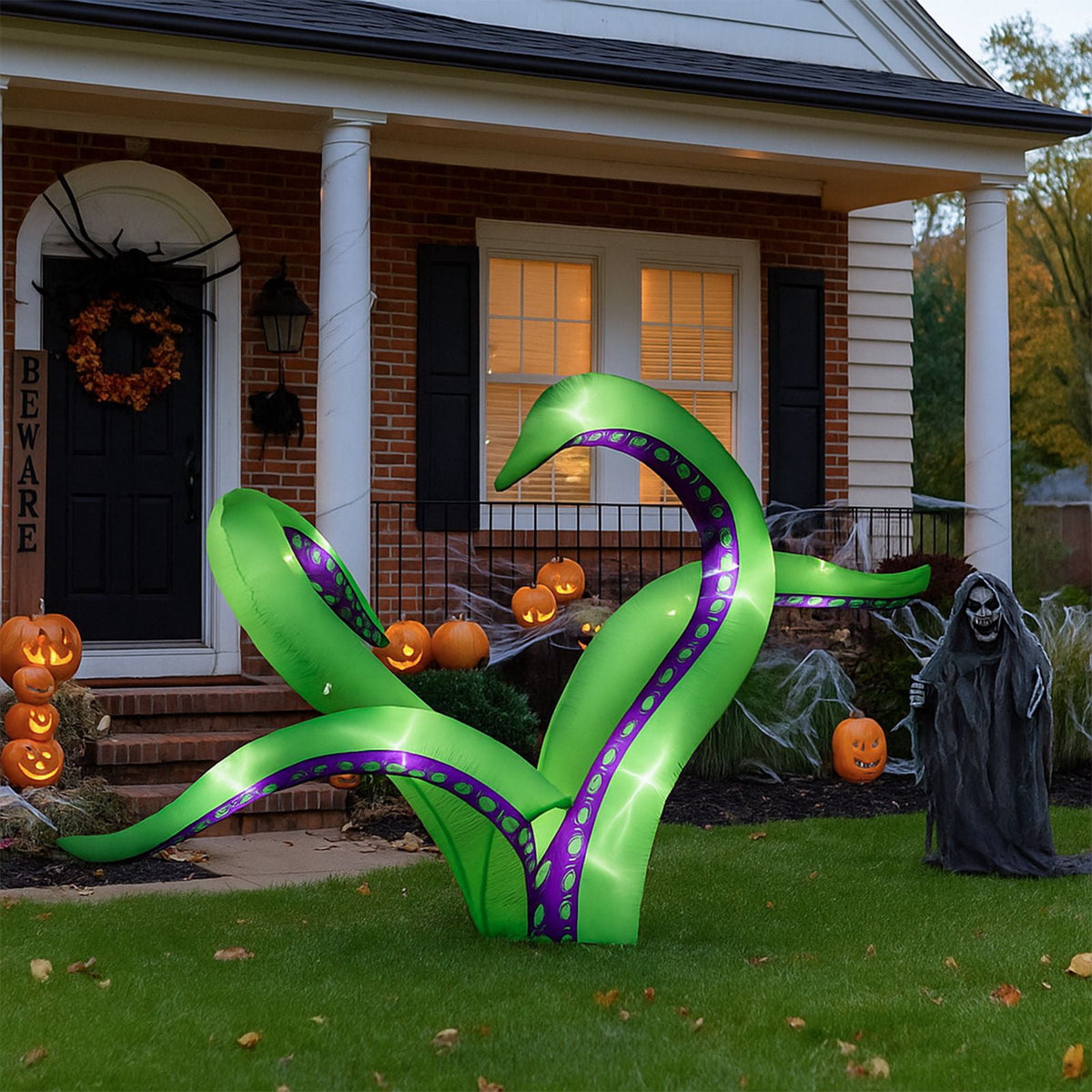 2 Pack 6.9FT Inflatable Octopus Tentacles Halloween Decor with Built in White LED Lights Waterproof Polyester Outdoor Inflatable Ornament for Window Rooftop Yard Party