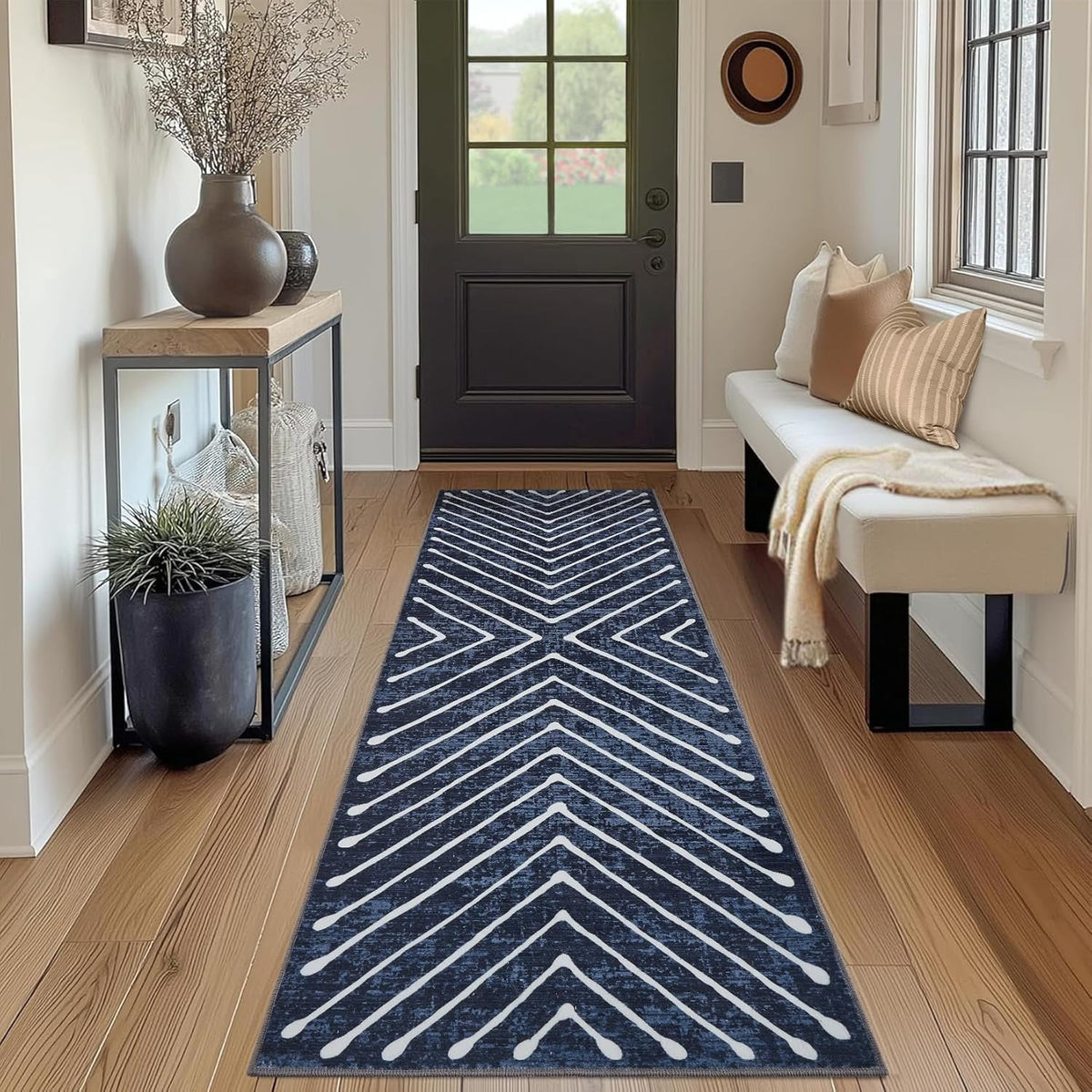 Washable Rug 10x13 Area Rug for Bedroom Modern Living Room Rug Non Slip Striped Large Area Rug Soft Non Shedding Throw Rugs Stain Resistant Carpet for Dining Room Nursery Navy 10'x13'