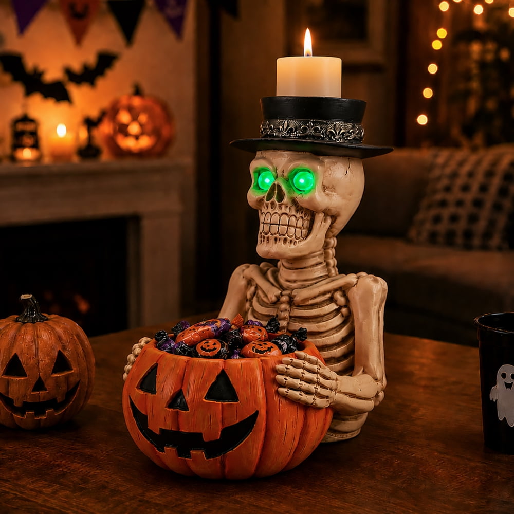 Halloween Skeleton Butler Floor Statue with Serving Tray & Black Cat, Resin Gothic Home Decor for Entryway Porch Living Room
