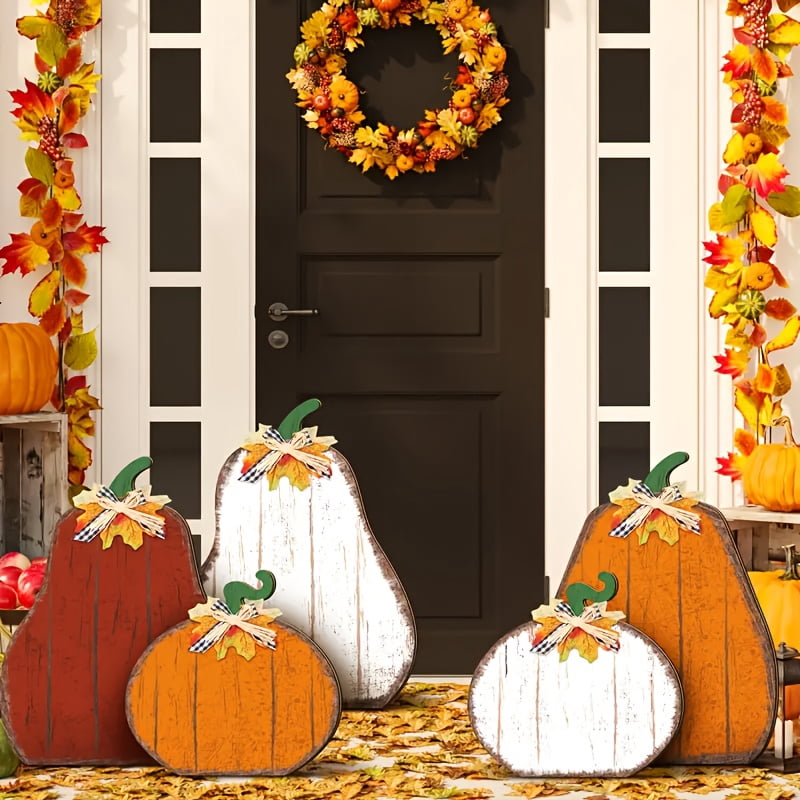 5pcs Large Farmhouse Fall Decorations - Rustic Wooden Standing Harvest Centerpieces with Pumpkin, White/Orange/Red/Brown/Beige - Artificial Wood Porch, Mantel, Table Decor for Thanksgiving, Halloween