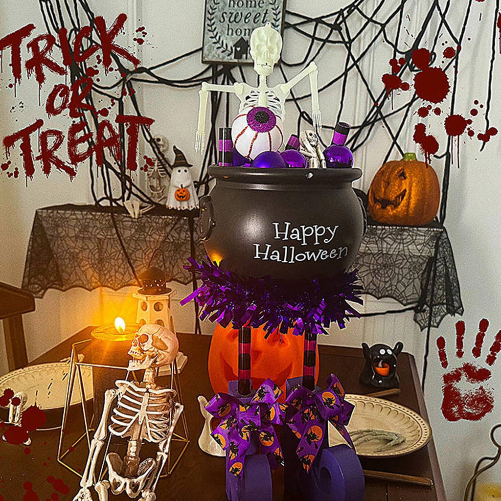 Yashow Classic Black Plastic Wood Witch Candy Bowl Adjustable Legs Luminous Skeleton Decorative Prop Set for Halloween Party Porch Decoration, 1-Pack, 23.62 inch