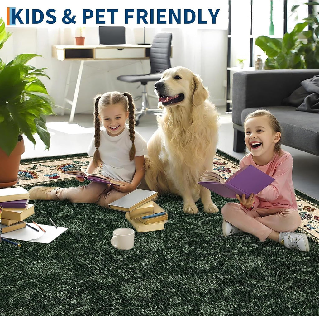 Large Living Room Rug 10x13 Non-Slip Floral Indoor Carpet Washable Floral Bordered Floor Mat Low Pile Non-Shedding Foldable Neutral Bedroom Rugs for Dining Room Nursery Home Office Red