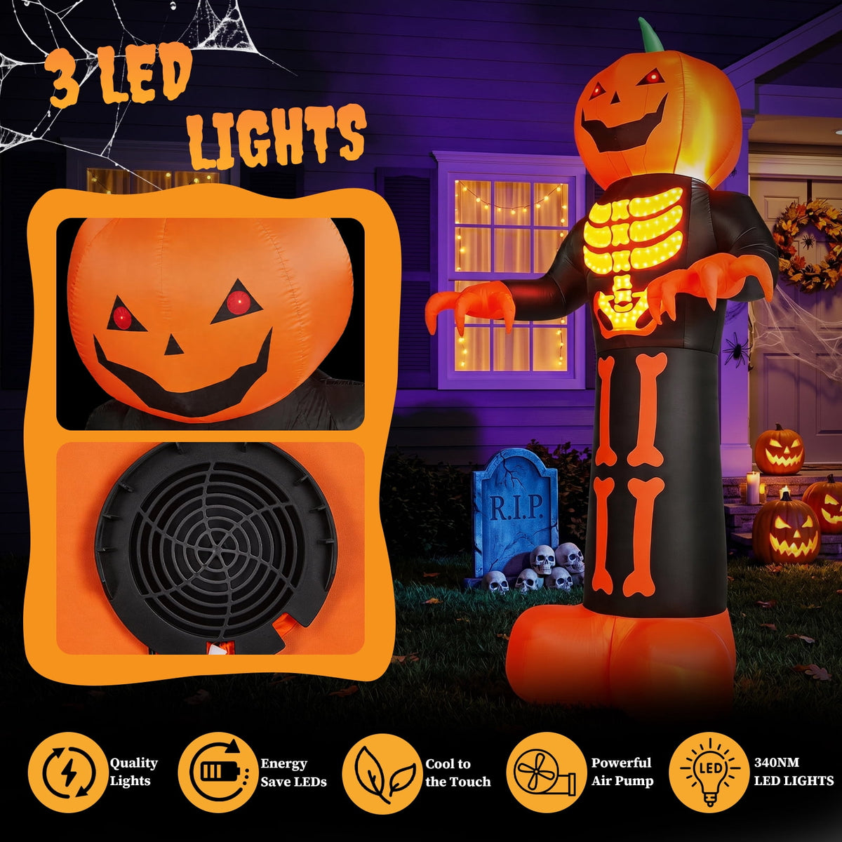 Ktaxon 12' Halloween Inflatables Pumpkin Skeleton Man Outdoor Halloween Decoration,Built-In LED