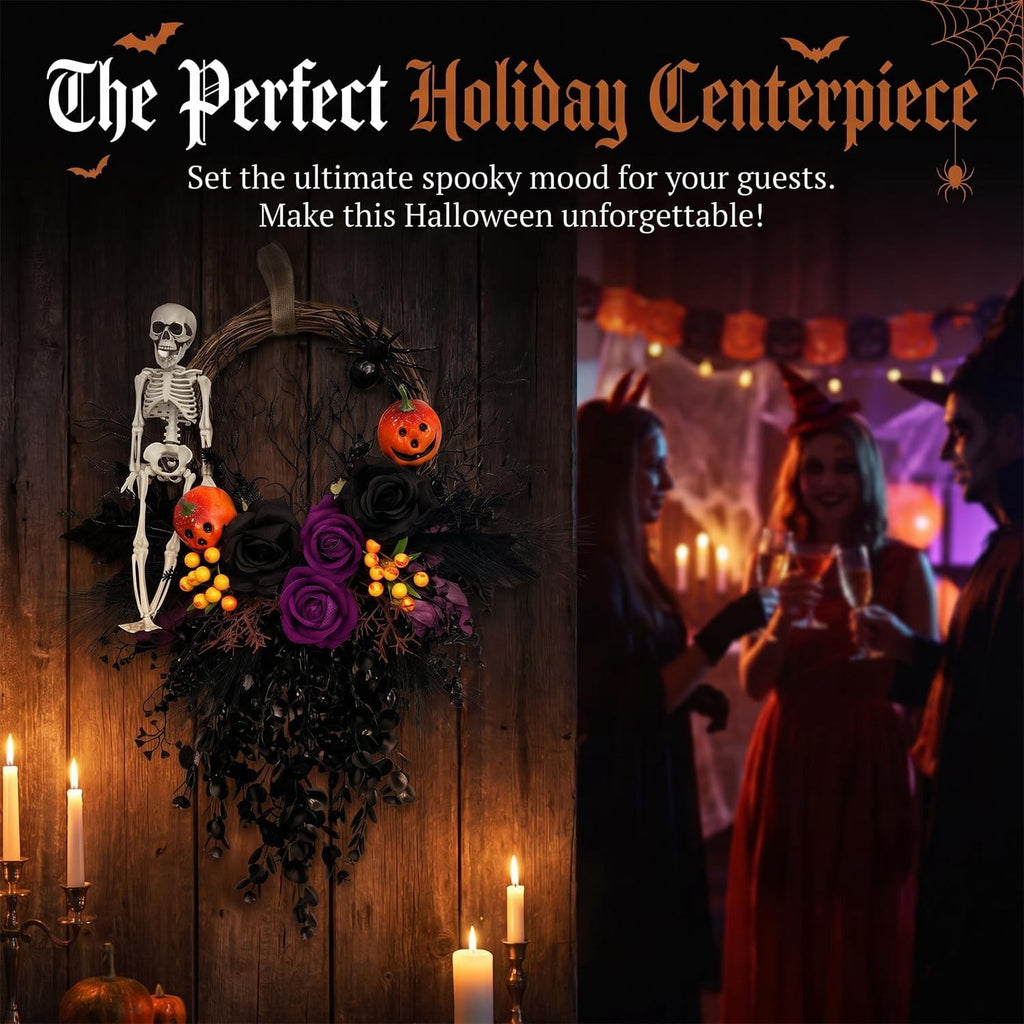 16 Inch Gothic Halloween Front Door Wreath, Spooky Artificial Wreath with Skulls Spiders Pumpkins for Indoor Outdoor Holiday Decor