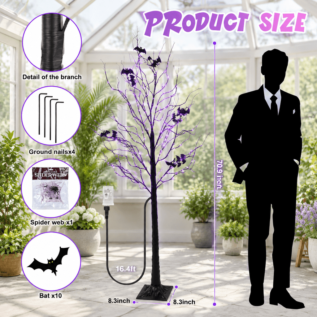 Lighted Tree With 260 Led Lights 6ft Black Timer 8 Modes Dimmable Web & Bats Diy Indoor Outdoor Decorations