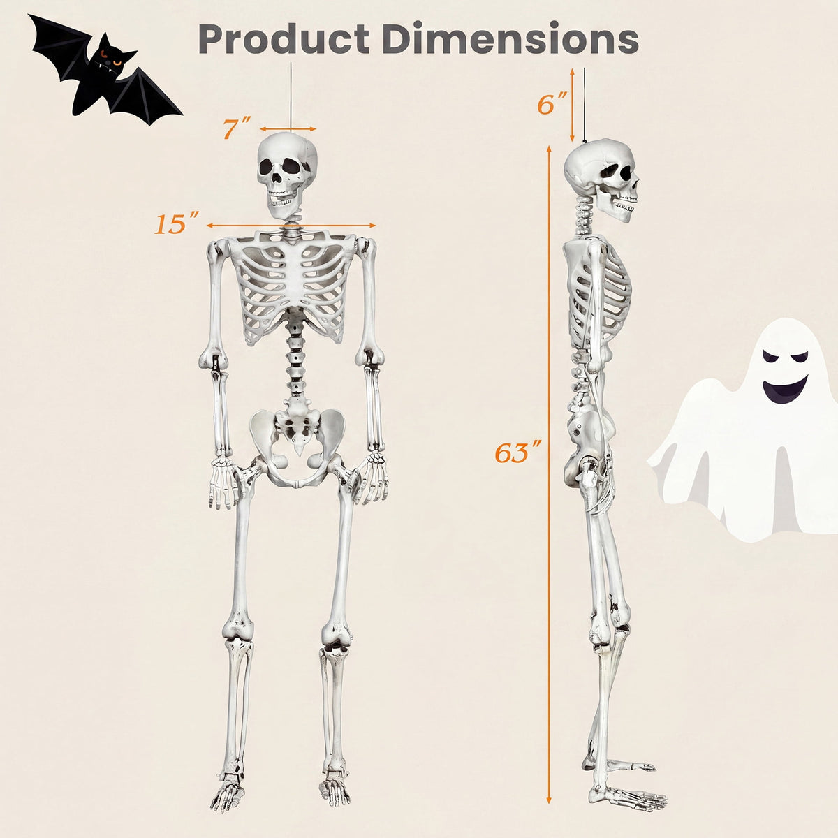 5.4ft Halloween Christmas Skeleton Life Size Realistic Full Body Hanging with Movable Joints 63 Inches