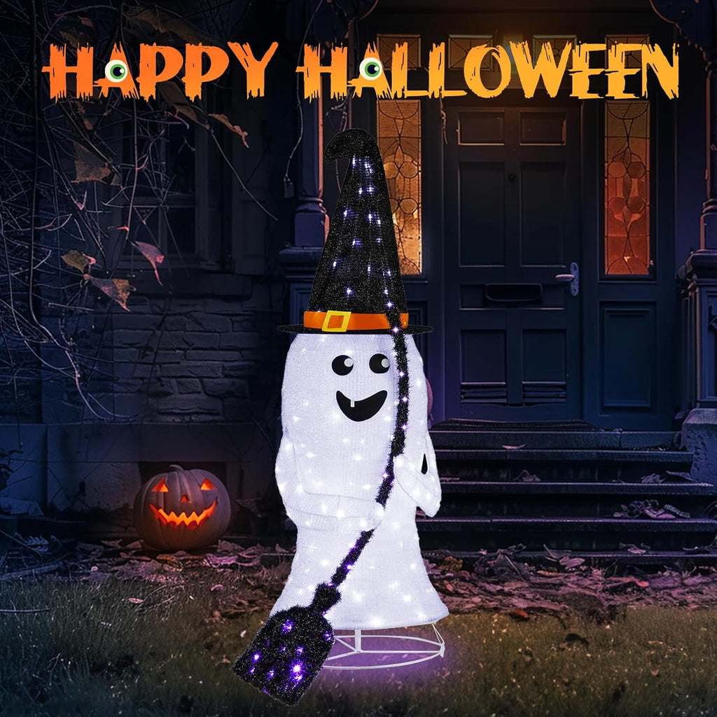 VINGLI 4FT Scary Lighted Halloween Decorations Outdoor, Pop Up Halloween Ghost Decorations, Light Up Ghost Decor with Pre-lit 135 LEDs, Cute Broom, Black Hat for Porch Yard Lawn Patio