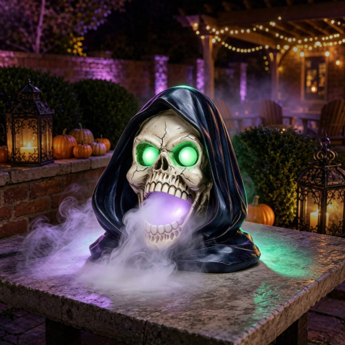 SpookHaven Halloween Jack‑O‑Lantern Pumpkin Mist Sprayer Figurine, LED Light‑Up Fogger with Witch Hat & Skull Decoration, Spooky Ornament for Tabletop Entryway Halloween Party Home Decor