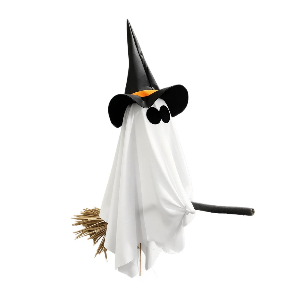 DIY Hanging Swing Ghost Halloween Decor, Flying Ghost on Broomstick with Witch Hat, Spooky Cute Outdoor Halloween Decorations for Front Porch Yard Tree, 3.61x4.33FT