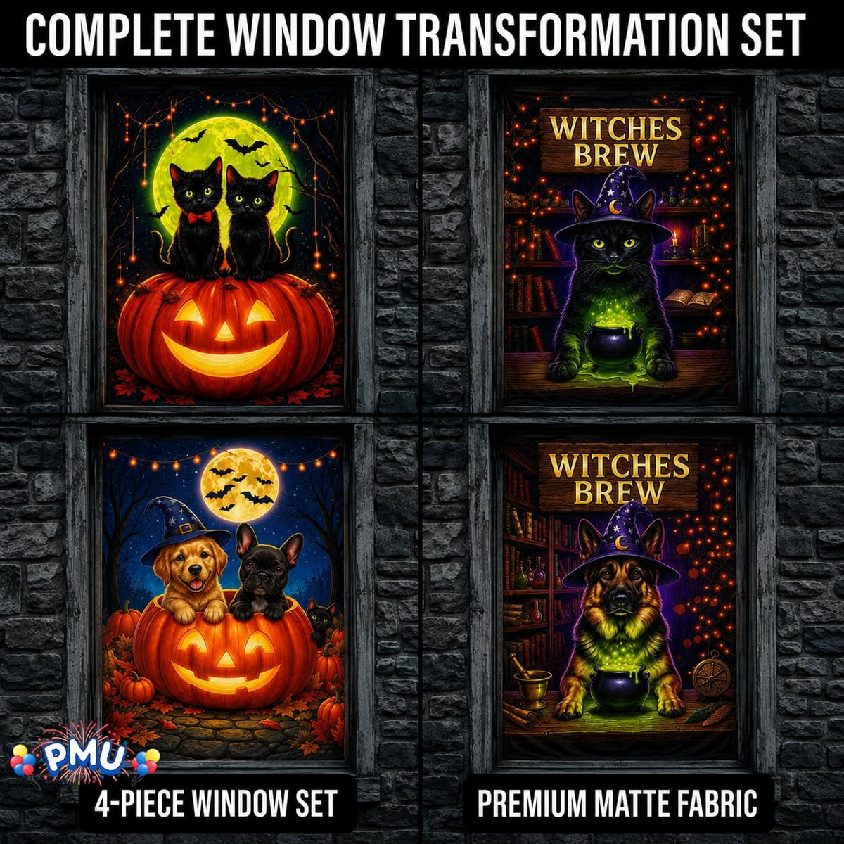 PMU 7-Piece Halloween Garage Door Cover Set, 16 x 7 ft, Skeleton Window & Door Decorations