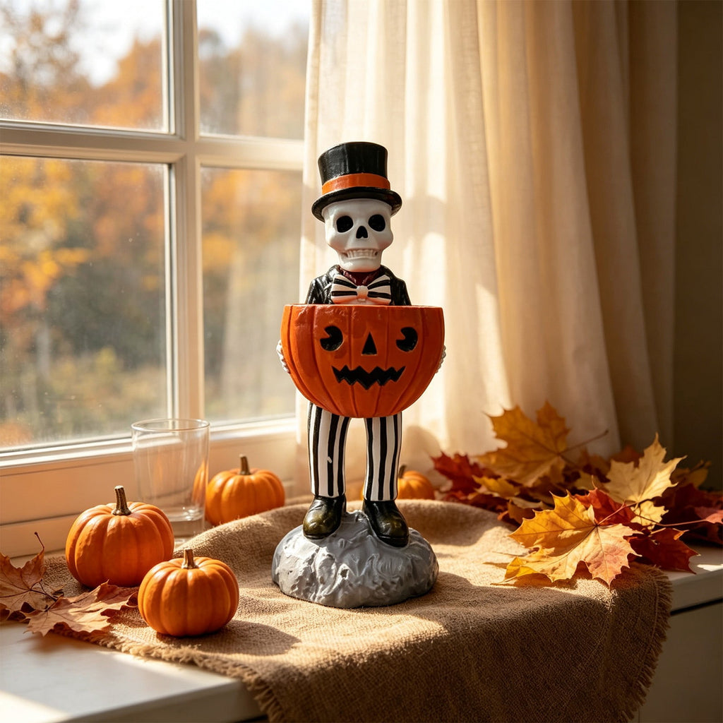 Halloween Decorations Skeleton Candy Bowl Statue Spooky Skull Top Hat Figurine Resin for Front Door Porch Mantel Entryway Table Home Party Decor