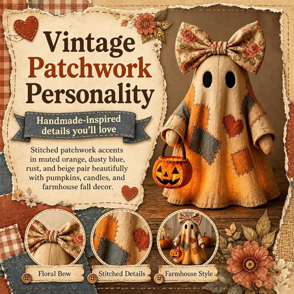 Lighted Vintage Patchwork Ghost, 13.8in LED Sweet Ghost with Pumpkin Lantern, Patchwork Ghosts Lamp for Halloween Decor, Harvest Fall Halloween Decorations for Mantel Shelf Entryway Porch (3Pack)