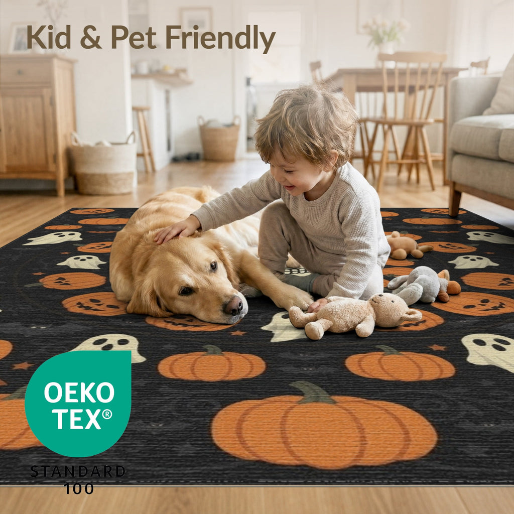 ODIKA 8'x10' Washable Area Rug Halloween Harvest Spirits Grinning Lantern Entrance Doormat Door for Living Room, Under Sectional, Family , Durable, Non-Slip