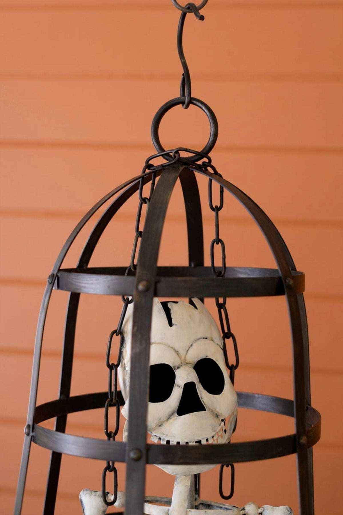 Kalalou Halloween Skeleton in a Cage – Oversized Iron Sculptural Haunted Décor