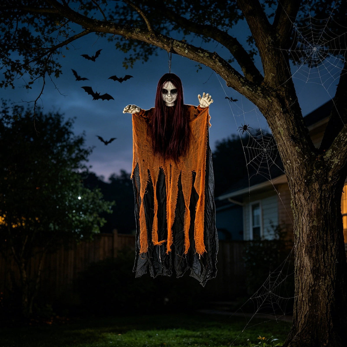 Halloween Witch Hanging Decoration, 45" Scary Witch Skeleton Hangings, Glowing Specters Pendant for Halloween Festival, Eerie Skull Ornament for Party Haunted House Outdoor Props, A