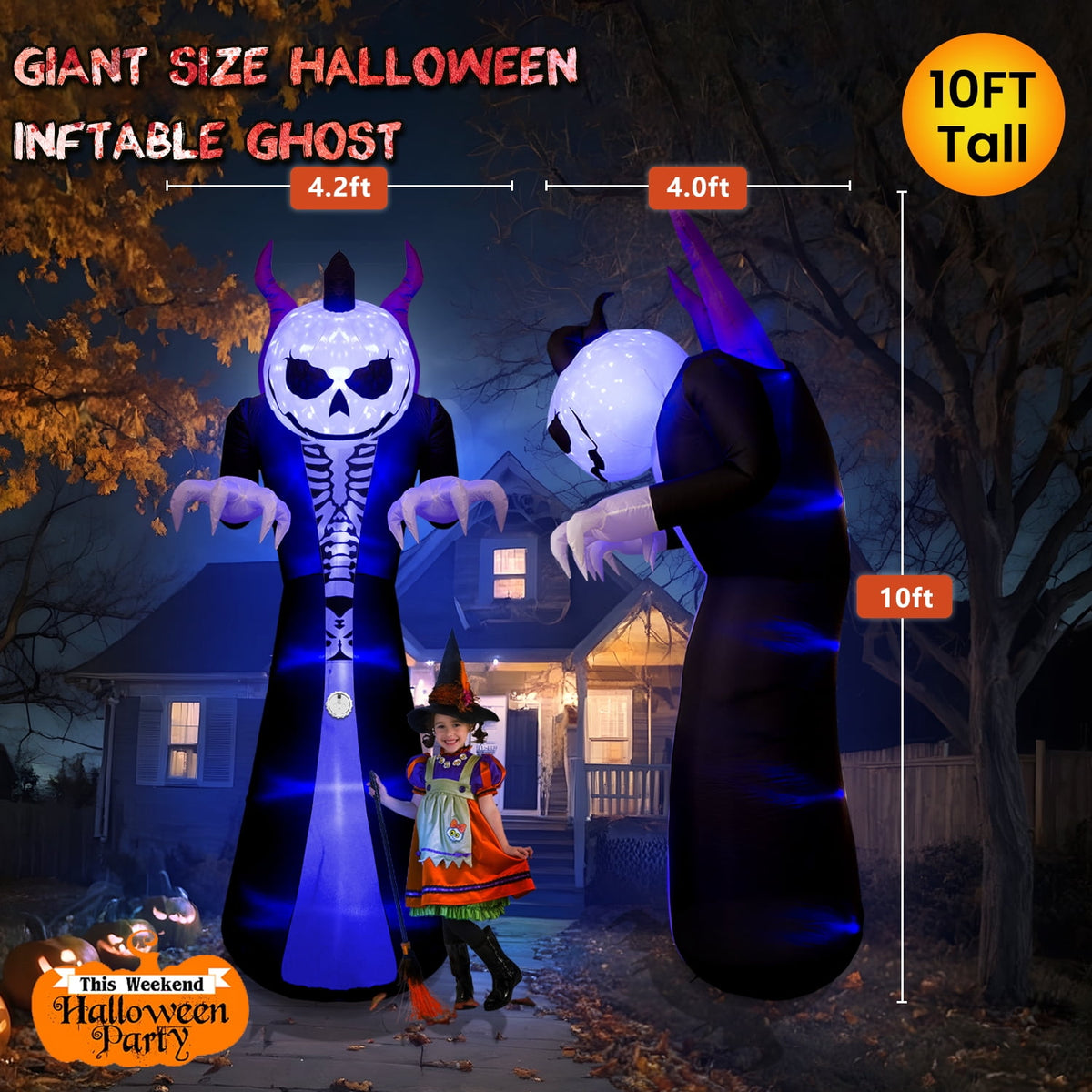 Novtech 10 FT Grim Reaper Halloween Inflatables, Pumpkin Head, Motion Activated Scream, 8 RGB Light Modes, Blow Up Outdoor Yard Decorations for Trick or Treat, Lawn Garden Party & Scary Haunted House
