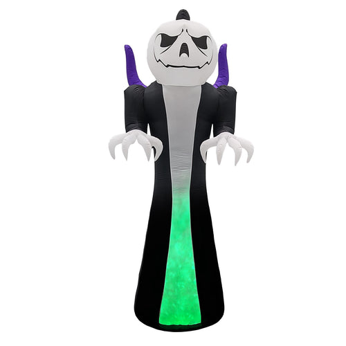 12FT Inflatable Grim Reaper with Jack-O-Lantern Pumpkin Head 3-Color Flame LED Halloween Yard Decor