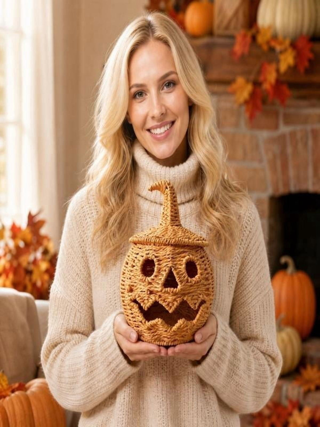 Lighted Halloween Table Centerpiece, Witch Hat Pumpkin Lamp, Black Woven Rattan Halloween Decor Indoor, Glowing Tabletop Decoration for Party Home