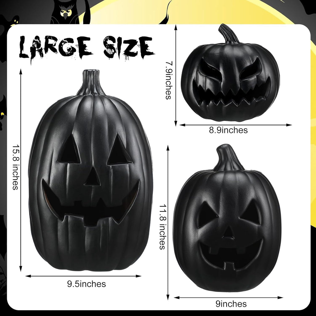 3 PCS Black Jack o Lantern Decoration, Halloween Plastic Vintage Pumpkin Decor with Light for Indoor & Outdoor - Holiday Party Fireplace Mantle Porch, Battery Not Include