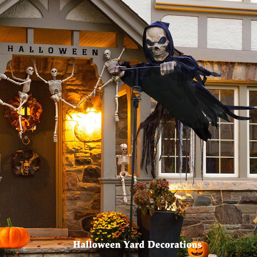 6.9FT Skeleton Outdoor Halloween Decoration, Flying Reaper Ghost Scarecrow for Garden, Porch & Yard, Rotated Skull Spooky Prop for Haunted House Décor
