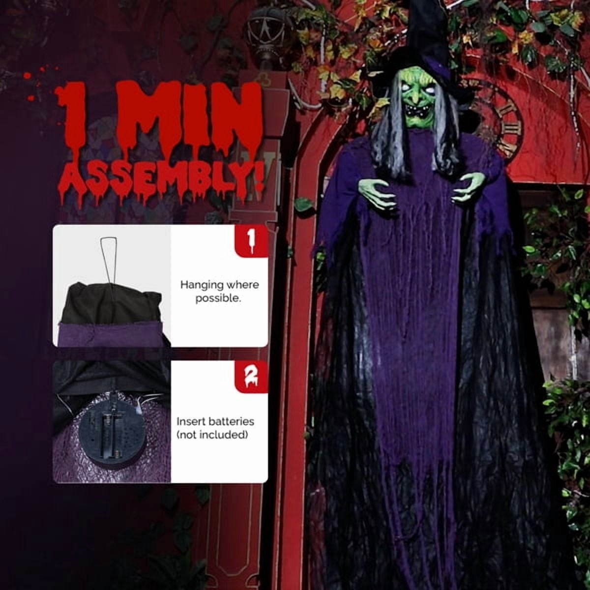 12ft Life-Size Halloween Hanging Witch Decoration, Talking, Light-Up Eyes, Touch-Sensor Activated, Durable Fabric for Indoor/Outdoor Use