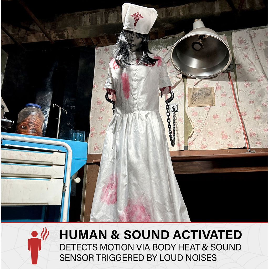 Haunted Hill Farm Life-Size Animatronic Convulsing Nurse by Tekky Halloween Decoration, 5.2-Ft.