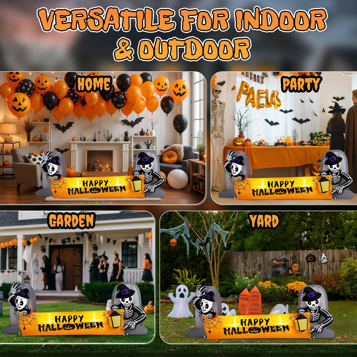 9.6FT Inflatable Skeleton Holding Happy Halloween Banner with LED Lights for Yard Garden Party