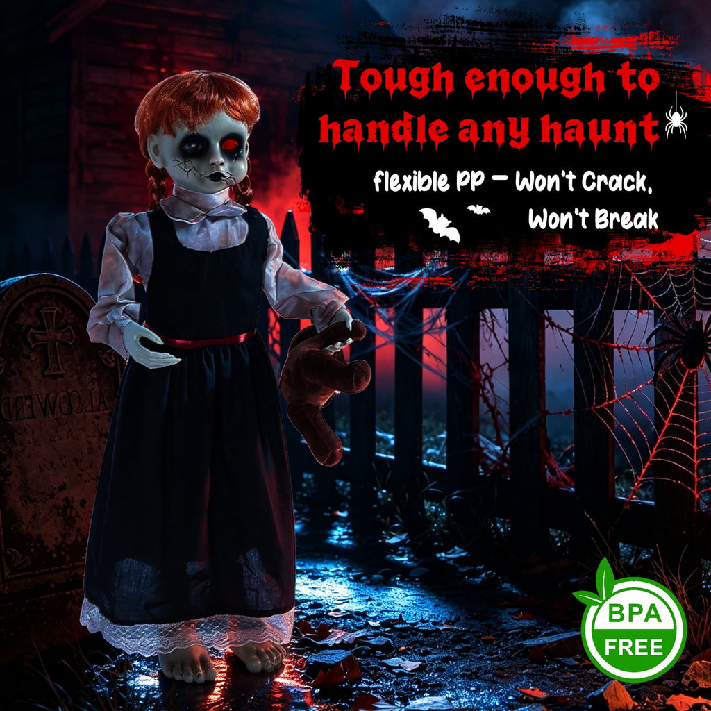 Halloween Decor Animatronic Prop Areker 35in Haunted Little Girl, Touch & Sound Activated Scary Ghost Doll with Red LED Glowing Eye, Outdoor Indoor Horror Decor with Stable Sand Weight Base
