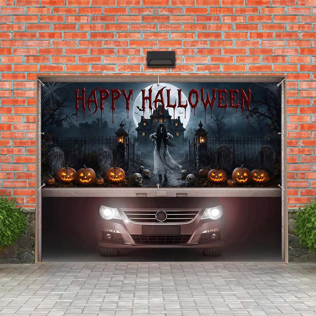 16X7ft Halloween Garage Door Cover Decorations, Spooky Skeletons Pumpkin Large Garage Wall Backdrop Hanging Banner for Halloween Yard Indoor Outdoor Party Decor