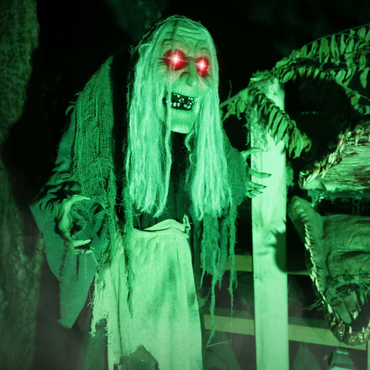 Haunted Hill Farm 6.0-Ft. Touch-Activated Mounted Flying Witch Halloween Animatronic