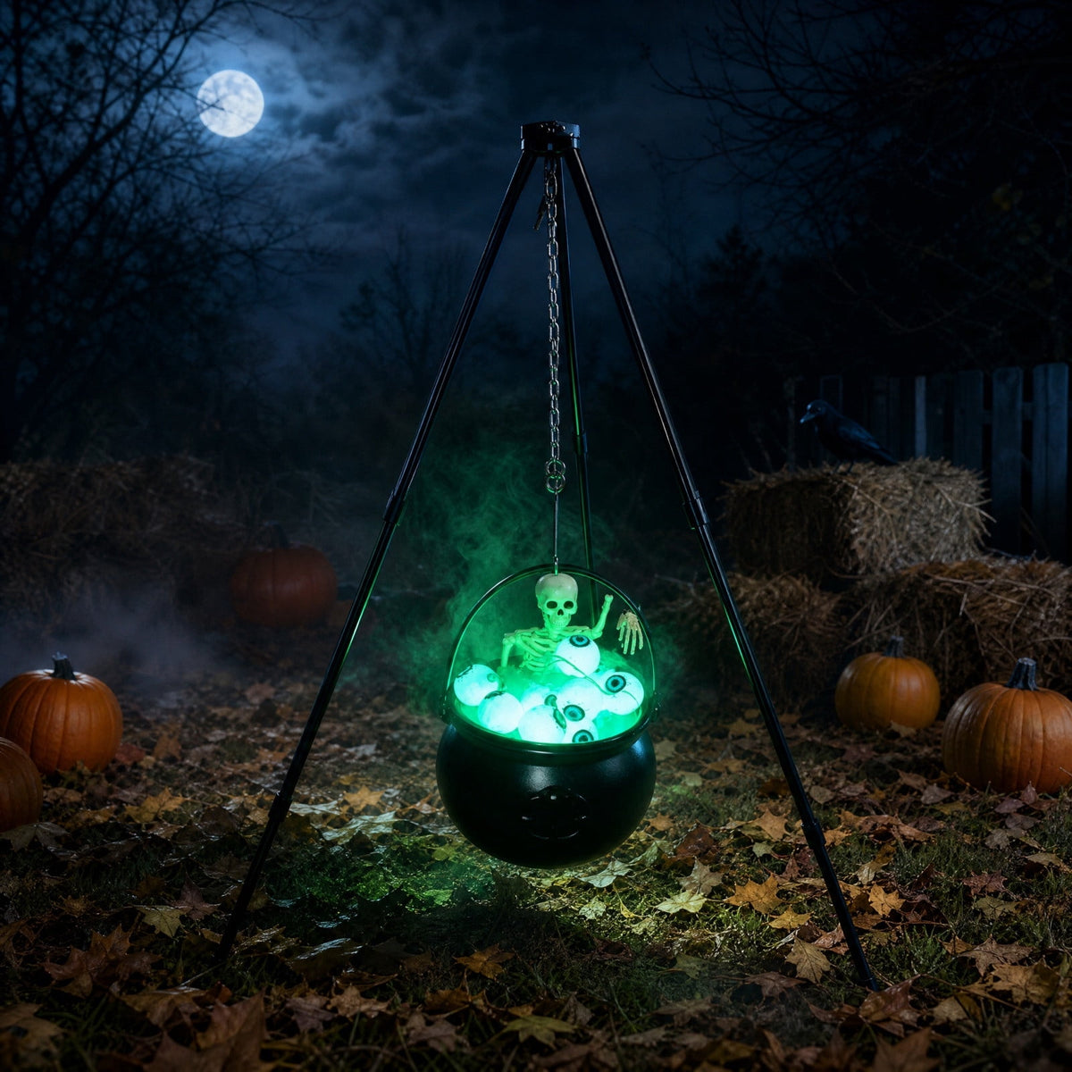 Halloween Cauldron Tripod with Green LED Light, Skeleton Eyeball Witch Pot Decor for Yard Outdoor Party Haunted House Decoration