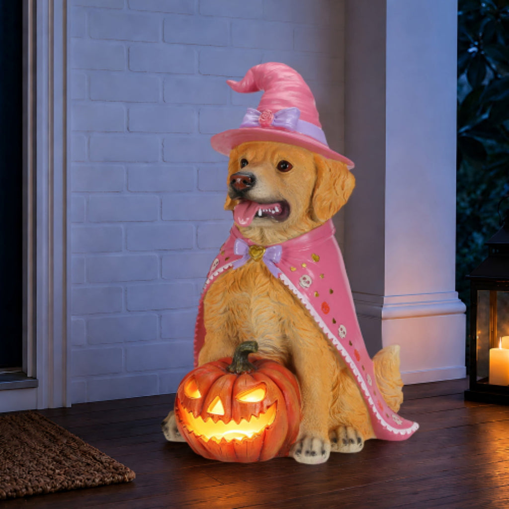 SpookHaven Halloween Jack‑O‑Lantern Pumpkin Mist Sprayer Figurine, LED Light‑Up Fogger with Witch Hat & Skull Decoration, Spooky Ornament for Tabletop Entryway Halloween Party Home Decor