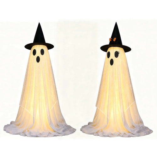 2 Pack Light Up Standing Tulle Ghost Halloween Decorations with Witch Hat, Warm LED Fairy Light Ghost Yard Stakes, Spooky Cute Ghost Outdoor Lawn Porch Mantel Home Halloween Party Decor