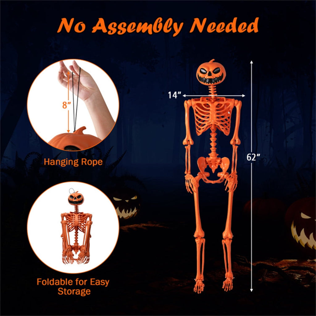5.5ft Life-Size Halloween Skeleton with Pumpkin Head, Orange, PP+PE Material