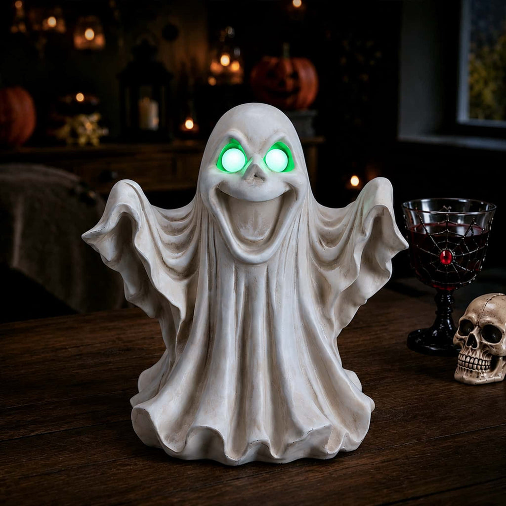 Halloween Ghost Statue with LED Glowing Eyes, Resin Ghost Figurine Tabletop Decor for Indoor Home, Mantel, Shelf, Entryway and Halloween Party Display
